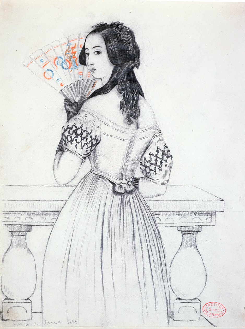 George Sand (1804-76) legyezővel, 1833 alkotó: Alfred de Musset