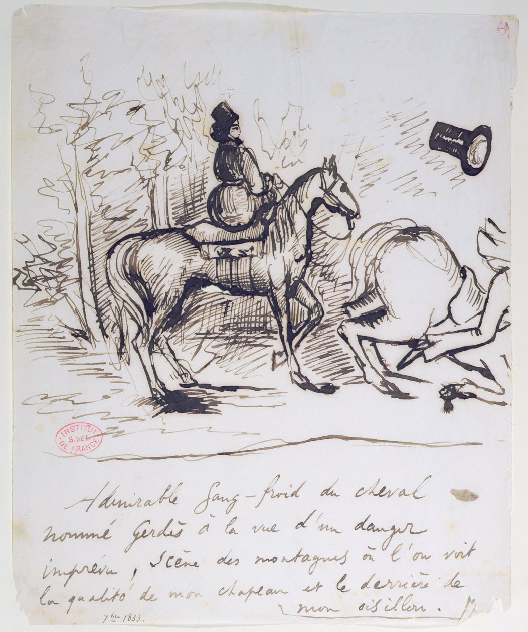 George Sand lova, aki sangfroidot mutat be Alfred de Musset (1810-57) botladozó lova mögött, 1833. szeptember alkotó: Alfred de Musset