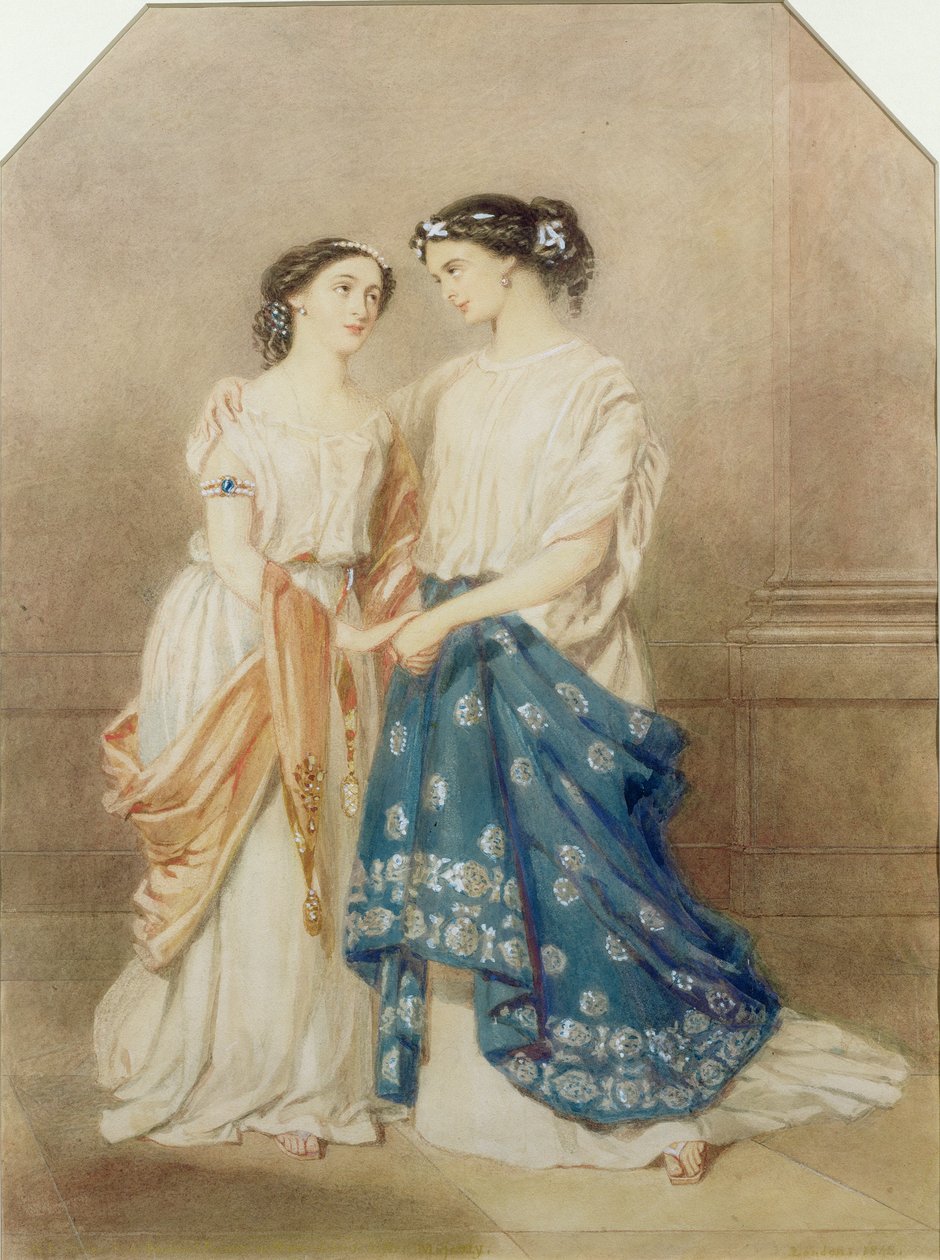 Jelenet az 1848-as "Antigoné" előadásból a St. James Színházban, Baptiste kisasszony mint Ismeme és Pechter asszony mint Antigoné, 1848. alkotó: Alfred Edward Chalon