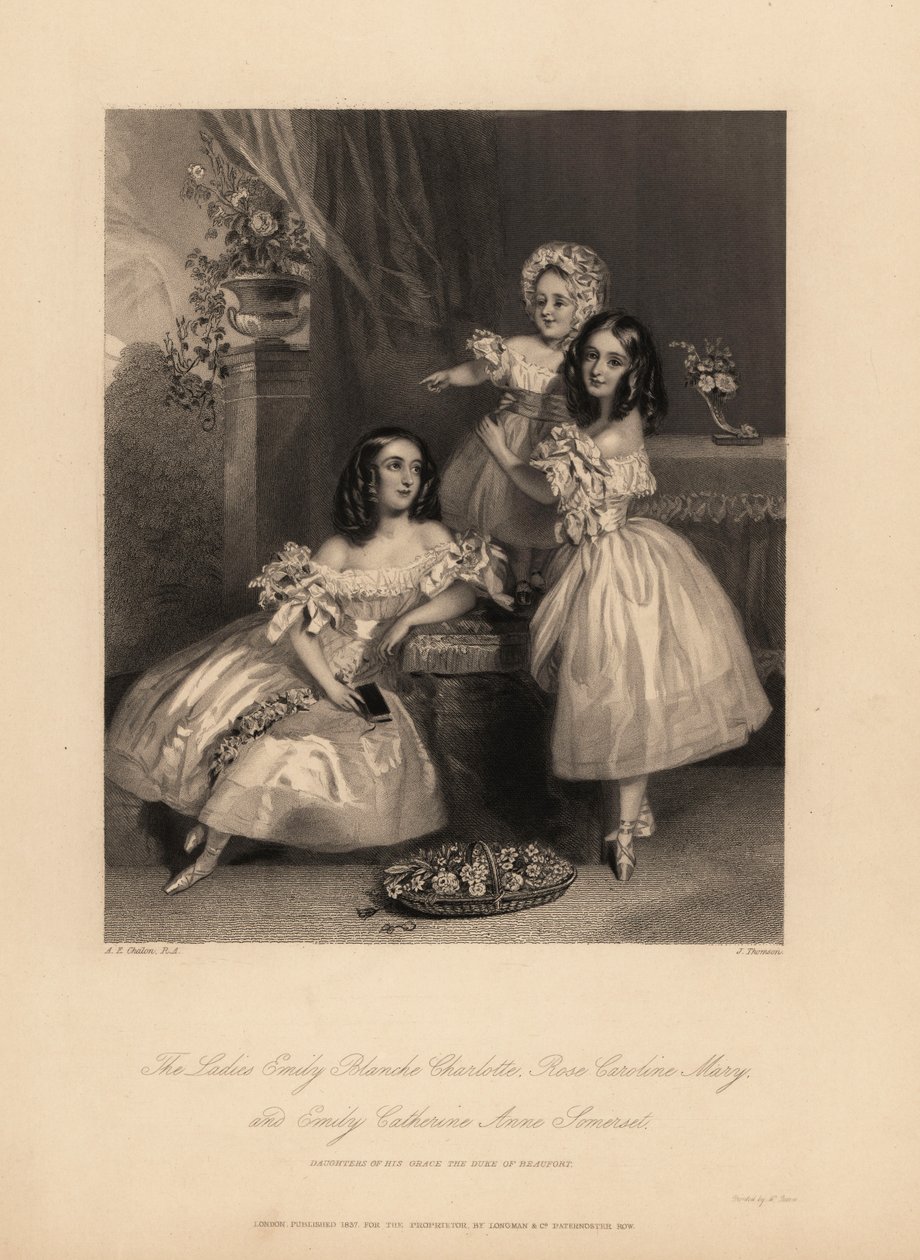 Emily Blanche Charlotte, Rose Caroline és Emily Catherine Anne Somerset portréja, Henry Somerset, Beaufort 7. hercege lányai. Három fiatal nővér gyűrűs szatén ruhában, szalaggal és csipkével, balettcipővel. J. Thomson acélmetszete a alkotó: Alfred Edward (after) Chalon