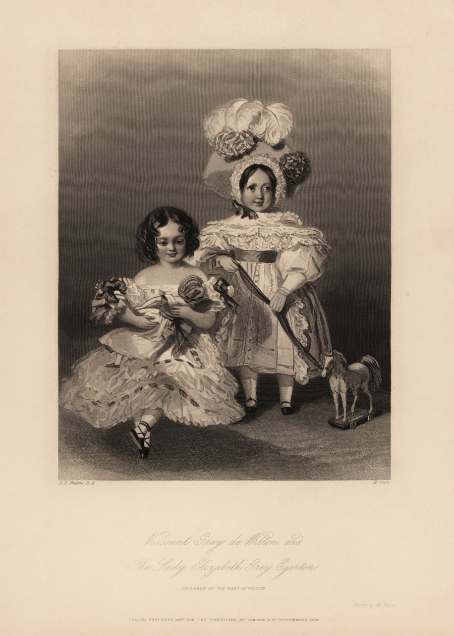 Gray de Wilton vikomt és Elizabeth Gray Egerton, Thomas Egerton gyermekei, Wilton 2. grófja. Lánya gyűrűs, fodros ruhás, kezében egy baba, fia pedig ruhás, tollas motorháztetős, kezében egy játéklóra kötött szalag. Henry acélmetszet alkotó: Alfred Edward (after) Chalon