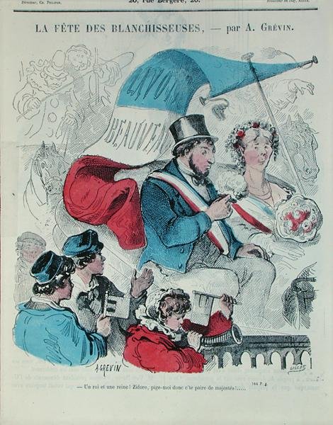 Karikatúra, amely a „Fete des Blanchisseuses”-t ábrázolja, Gillot metszete, 1860 körül (színes metszet) alkotó: Alfred (after) Grevin