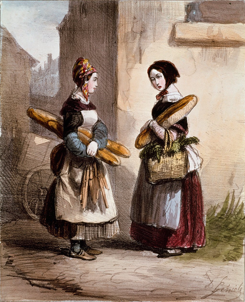 Kisebb szolgáltatások: a pékség. Fiatal sétáló kenyérkereskedő. Alfred Andre Geniole (1813-1861) nyomata a „Les femmes de Paris” 1841-1842 Párizsból, Musee Carnavalet alkotó: Alfred Andre Geniole