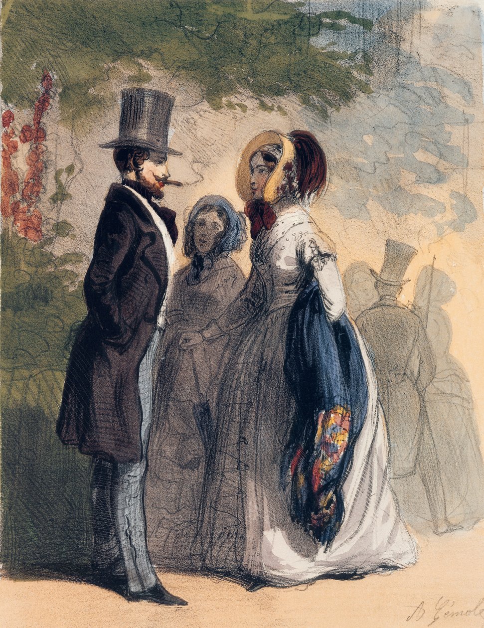 A Ranelagh Gardens rendszeres látogatója, a Les Femmes de Paris-ból, 1841-42 (színes litó) alkotó: Alfred Andre Geniole