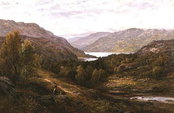 Egy pásztorfiú kutyájával egy felvidéki tájban alkotó: Alfred Augustus Glendening