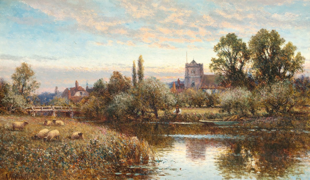 Birkák legelnek a Wrotham Church előtt, szürkület alkotó: Alfred Augustus Glendening