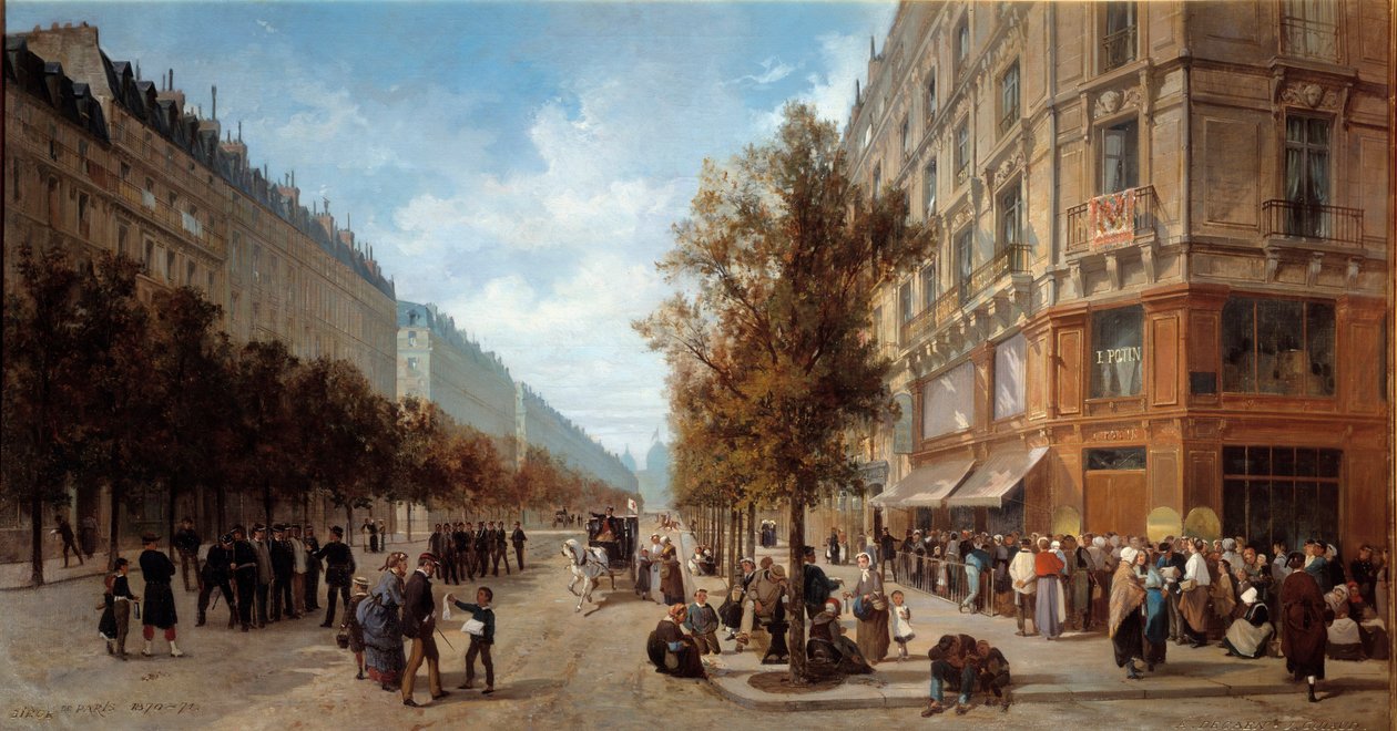 Párizsi központ: „” Sor egy élelmiszerbolt ajtajánál (Felix Potin) a Rue Reaumur és a Boulevard Sebastopol sarkán 1870 novemberében”” Alfred Decaen (1820-1893) festménye 1870 Dim. 1x0,7 m Párizs, Musee Carnavalet alkotó: Alfred Charles Ferdinand Decaen