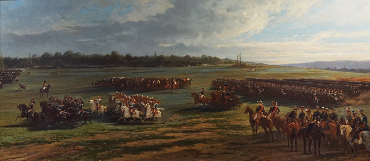 A Longchamp-gárda lovashadosztályának áttekintése III. Napóleon és I. Francois Joseph osztrák által, 1867. október 25. alkotó: Alfred Charles Ferdinand Decaen