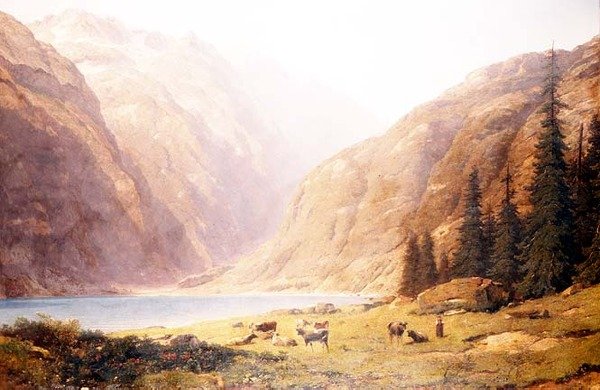 Hegyvidéki tavi táj szarvasmarhákkal alkotó: Alfred Chavannes