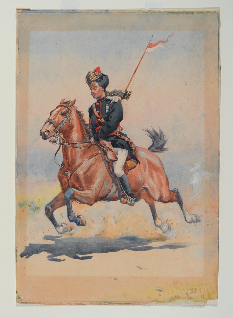 A 6. lovasság Jat Sowarja lovagolva, vágtatva, felakasztott lándzsával alkotó: Alfred Crowdy Lovett