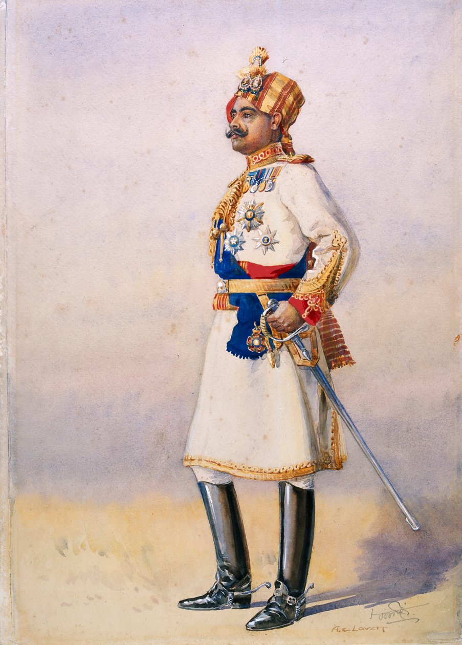 H. H. Maharaja tisztelt ezredes, Sir Ganja Singh, Bahadur of Bikaner, illusztrációja G. F. őrnagy az „India hadseregeihez” MacMunn, 1911-ben jelent meg alkotó: Alfred Crowdy Lovett