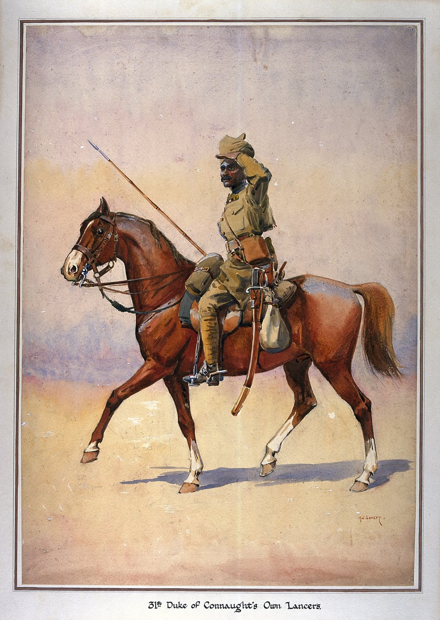 Connaught 31. hercegének saját lándzsája, Daffadar, Dekhani Mahratta katonája, G.F. őrnagy illusztrációja az „India hadseregeihez”. Macmunn, 1911-ben, 1910-ben alkotó: Alfred Crowdy Lovett