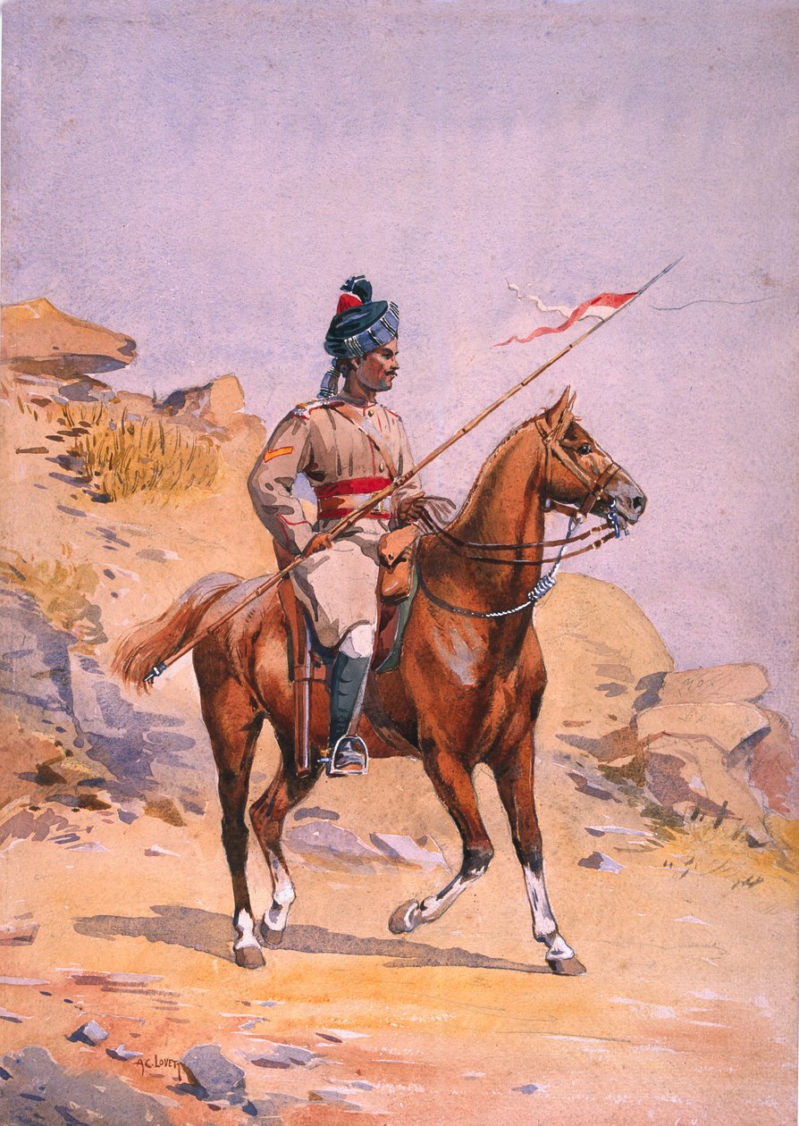 A 38. walesi herceg saját Közép-India Gorse katonája, Lance Dafadar Gakbar (pandzsábi muzulmán) illusztrációja G. F. őrnagy „India hadseregei” című művéhez. MacMunn, 1911-ben jelent meg alkotó: Alfred Crowdy Lovett