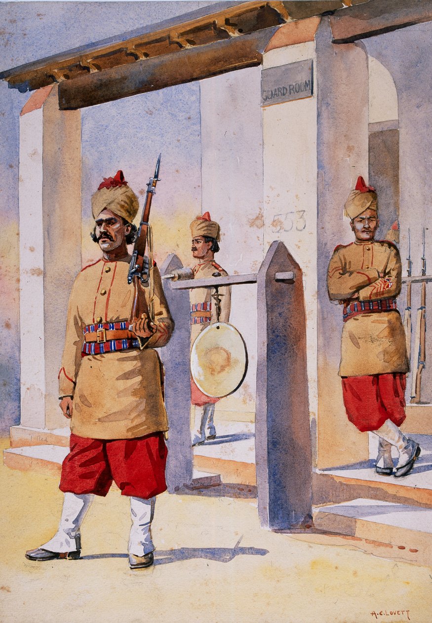 Connaught 124. hercegnőjének saját beludzsisztáni gyalogságának katonái, illusztrációja G. F. őrnagy az „India hadseregeihez” MacMunn, 1911-ben, 1908-ban jelent meg alkotó: Alfred Crowdy Lovett