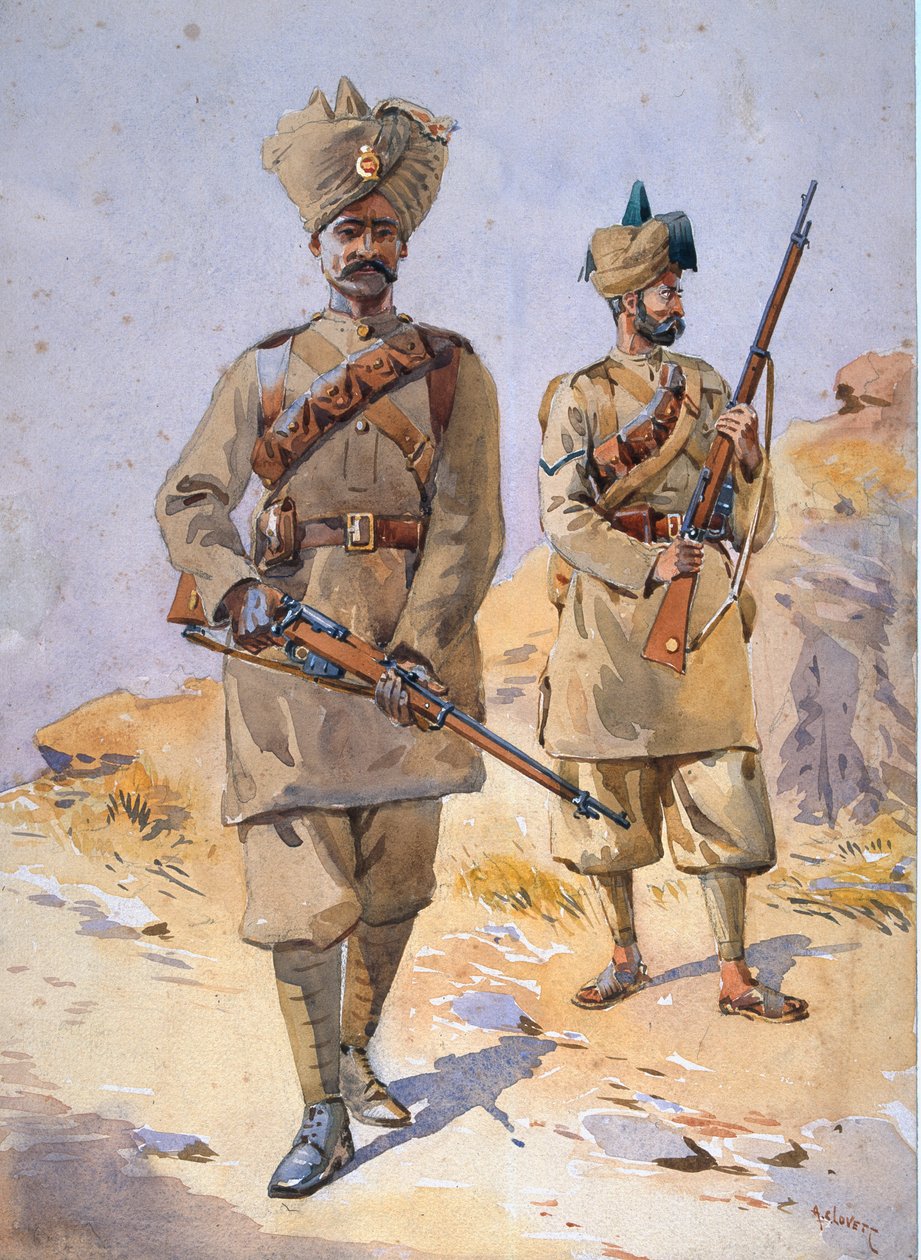 A 30. pandzsábi katonái, Awan és Cambridge 20. hercegének saját gyalogsága, illusztrációja az „India hadseregeihez”, G. F. őrnagy. MacMunn, 1911-ben, 1908-ban jelent meg alkotó: Alfred Crowdy Lovett