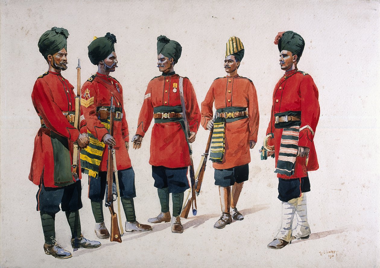 Az egykori "Hyderabad Contingent Infantry" katonái, illusztráció G.F. MacMunn őrnagy "Armies of India" című, 1911-ben kiadott könyvéhez, 1910-ben. alkotó: Alfred Crowdy Lovett