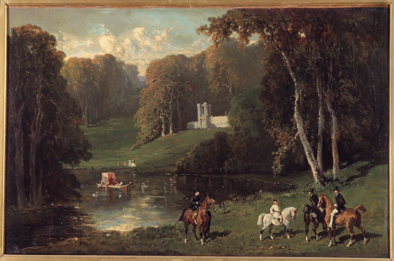 Lovasok és amazonok a tó partján Alfred de Dreux festménye (1810-1860) 19. század V. 0,43x0,65 m alkotó: Alfred Dedreux
