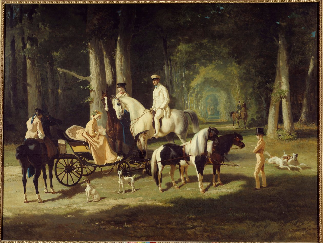 Mr. és Mrs. A. Mosselman és két lányuk Séta az erdőben lóháton. Alfred de Dreux (1810-1860) festménye 1848 V. 2x2,65 m Párizs, a Petite Palais múzeuma alkotó: Alfred Dedreux
