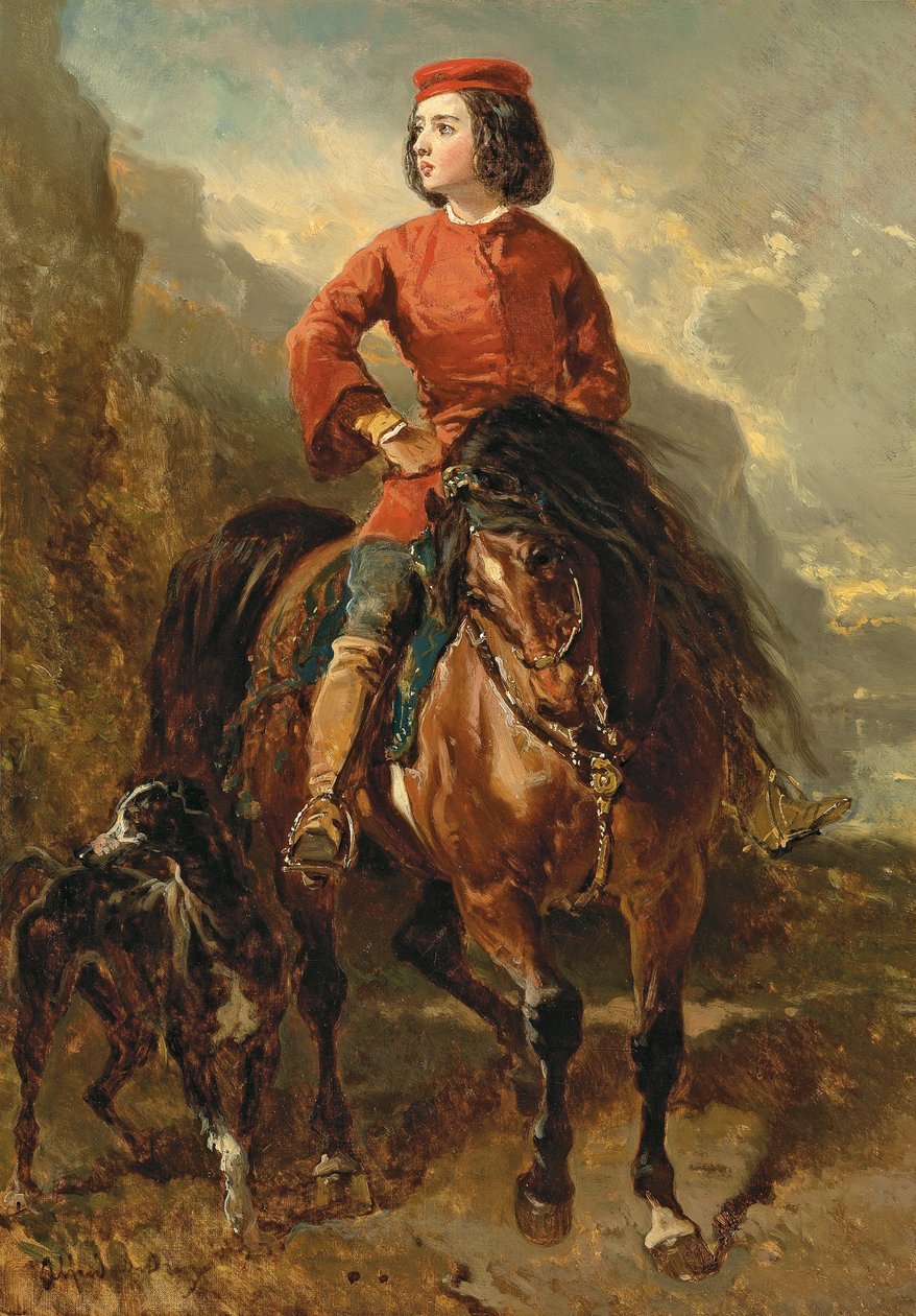 Fiatal Lovas Shetlandon, agárral; Jeune cavalier montant un shetland et levrier, 19. század alkotó: Alfred Dedreux