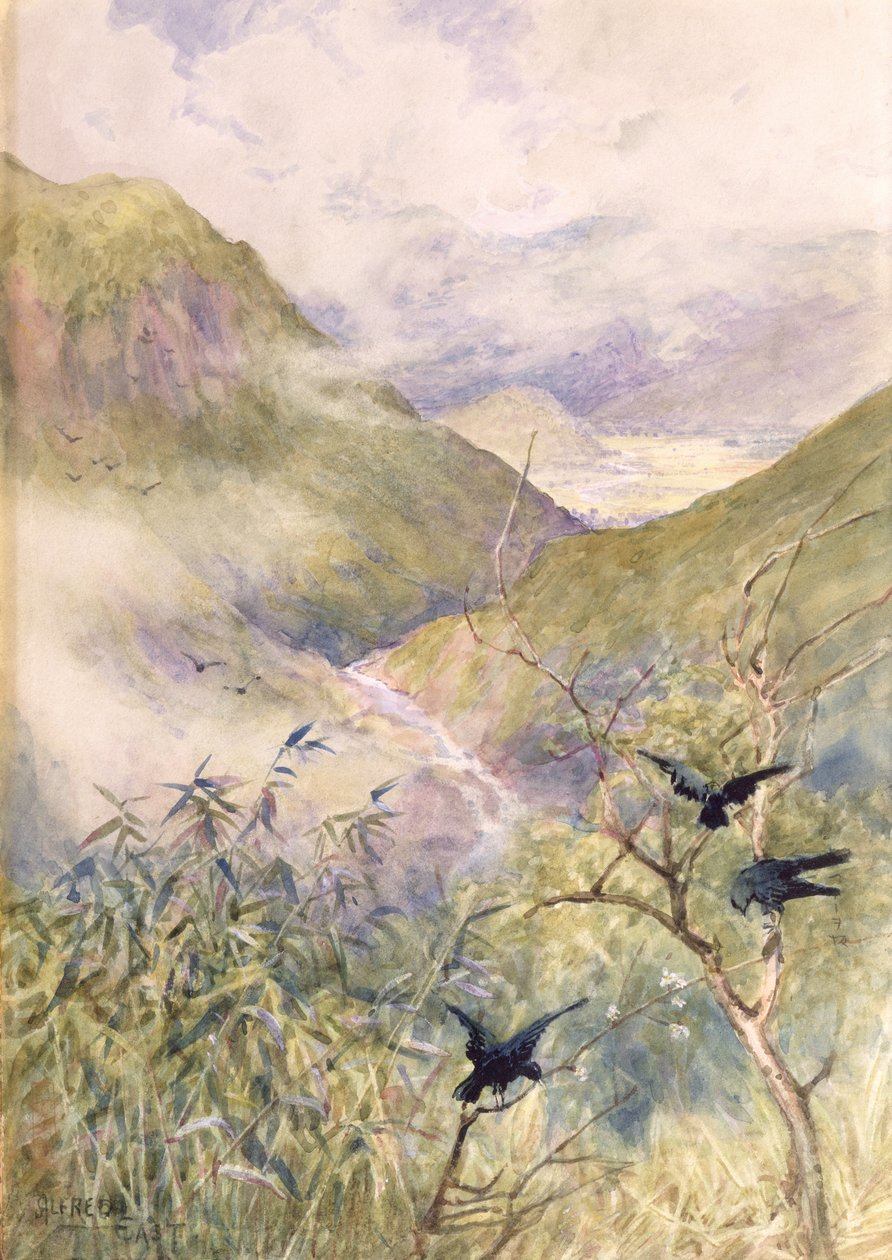 A liliomokra nézve: Nikko völgye Keletre nézve Shimo-no-Tsuke tartomány felé, 1889 körül (wc papíron) alkotó: Alfred East