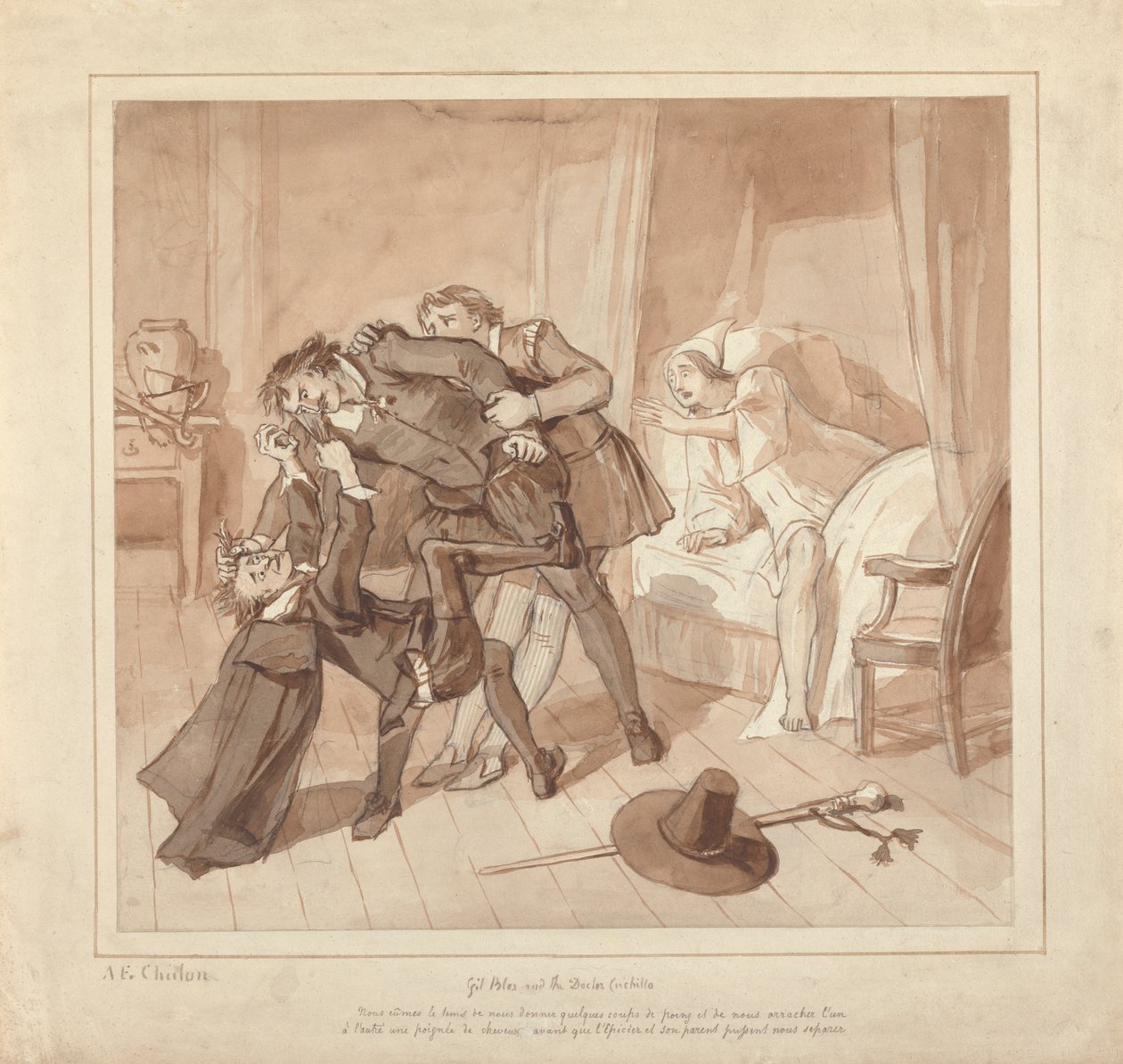 Gil Blas, Dr. Sangrado vezetésével orvosi gyakorlata során találkozik Dr. Cuchilloval a bolti ágy mellett alkotó: Alfred Edward Chalon