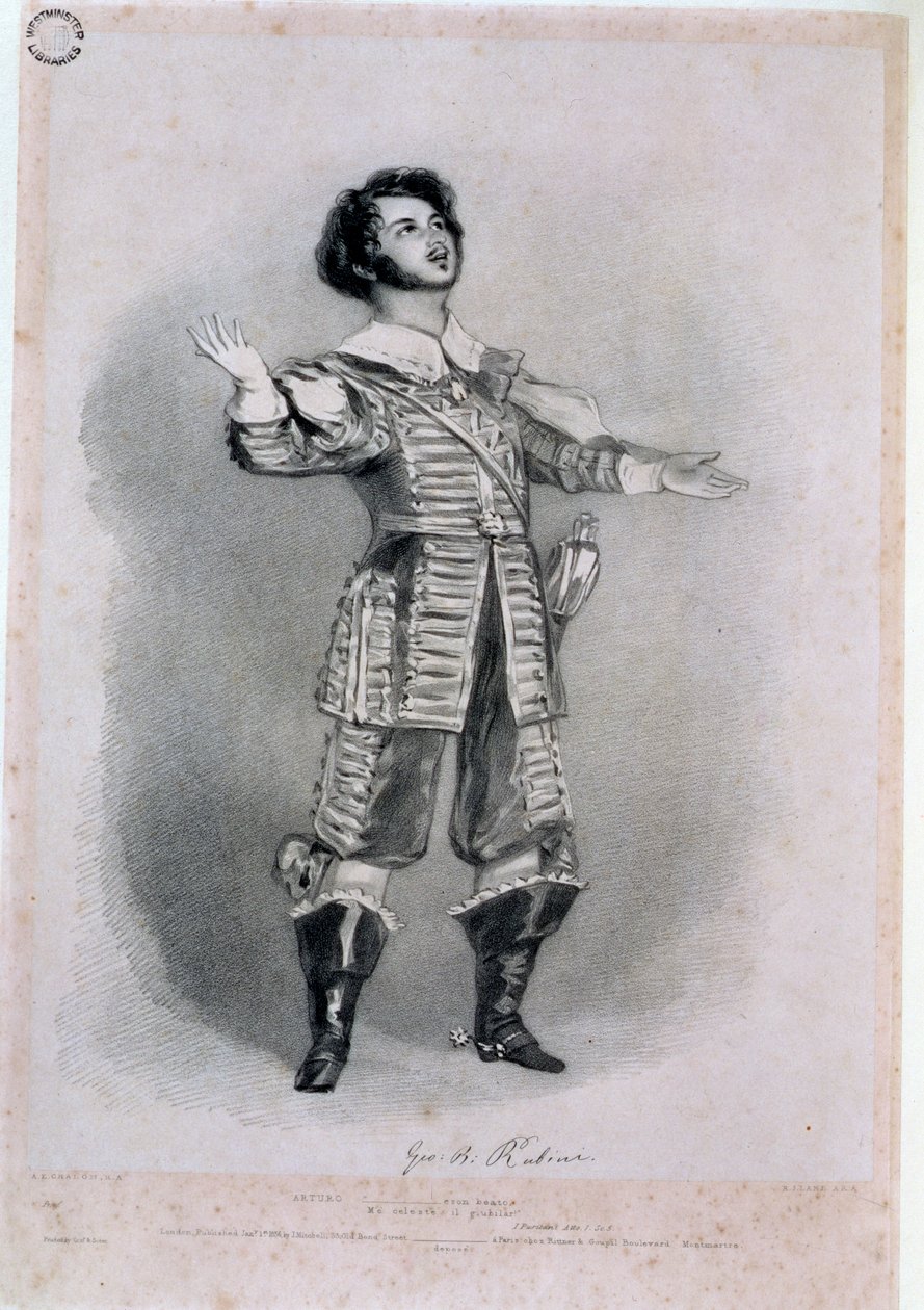 Giovanni Battista Rubini (1794-1854) Arturo szerepében az „I Puritani”-ban, próbamásolat az „Emlékezések az olasz operáról”-ból, metszett Richard James Lane (1800-72), 1836 (színért lásd: 123979) alkotó: Alfred Edward Chalon