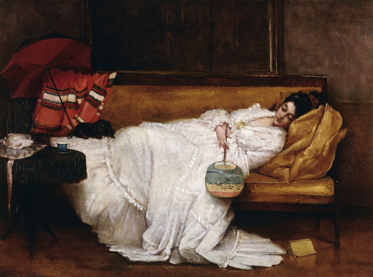 Egy lány egy japán rajongóval aludt a kanapén, alkotó: Alfred Emile Stevens