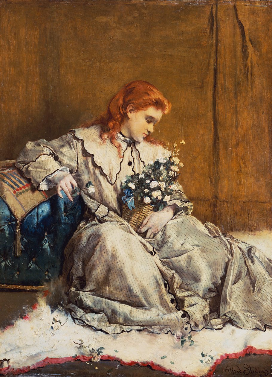 Daydream, fiatal vörös hajú lány kék oszmánnal alkotó: Alfred Emile Stevens