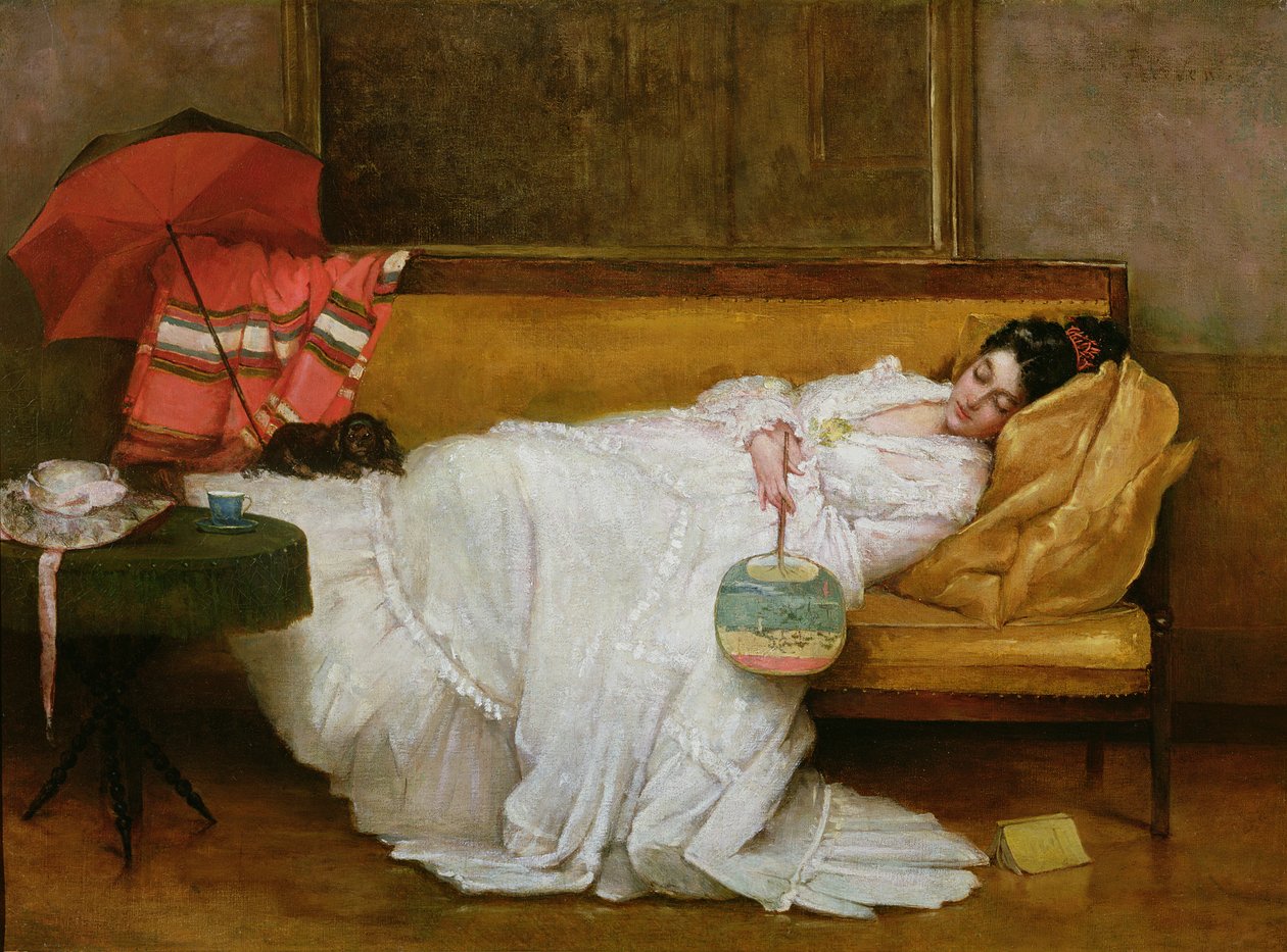 Lány egy fehér ruhában pihen a kanapén alkotó: Alfred Emile Stevens