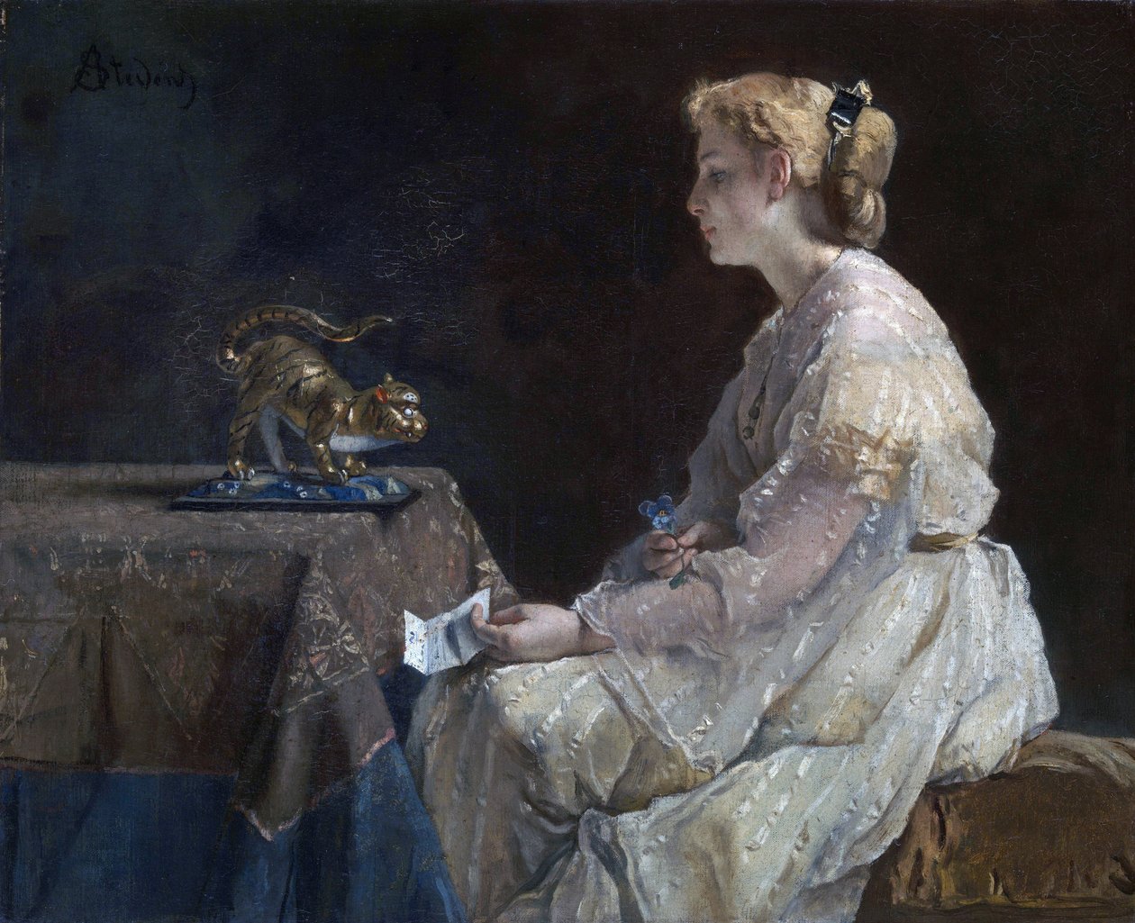 ""A jelen"" Egy fiatal nő felfedez egy macska szobrocskát - Alfred Stevens (1823-1906) festménye 1870 körül Londoni Nemzeti Galéria alkotó: Alfred Emile Stevens