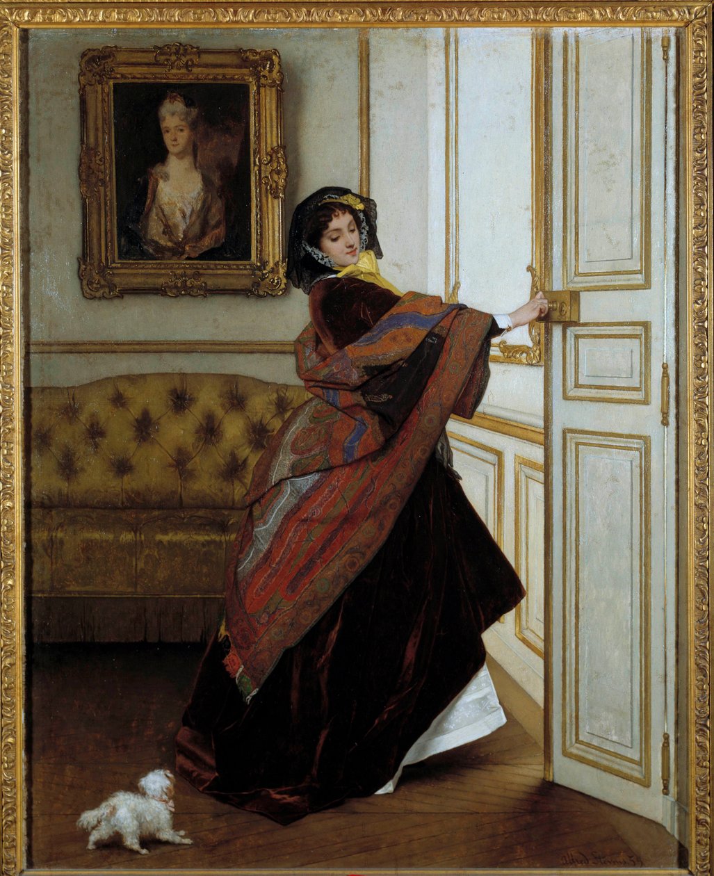 Alfred Stevens (1823-1906) festménye: A hölgy a kis kutyával 1859. Olaj, vászon. Mérete: 61,6x48,9 cm. Magángyűjtemény alkotó: Alfred Emile Stevens