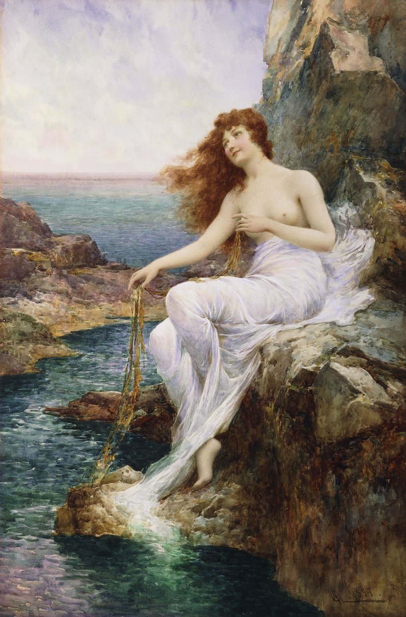 Egy sziklán ülő tengeri nimfa hínárszalaggal, 1897 alkotó: Alfred Glendening