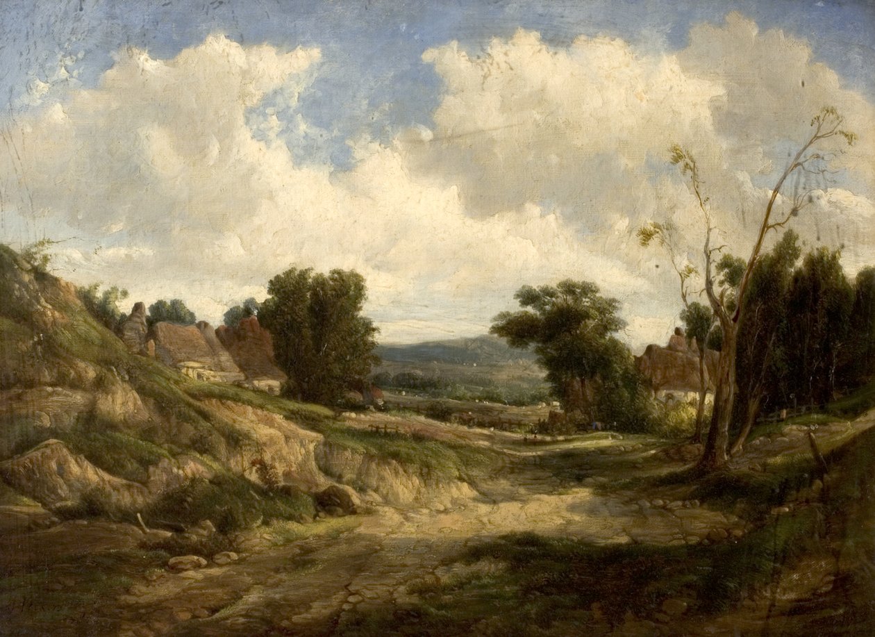 Táj kunyhókkal, 1864 alkotó: Alfred Gomersal Vickers