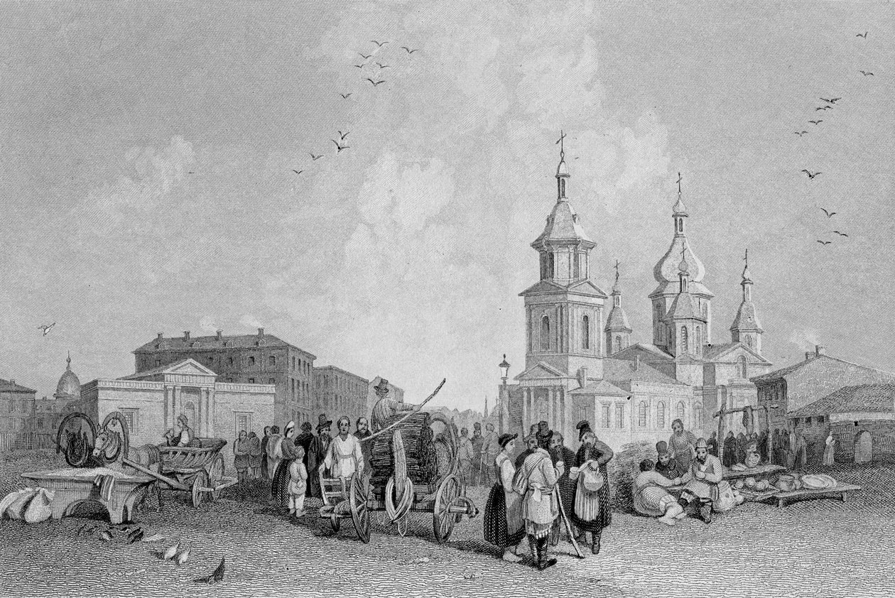 A szentpétervári szénapiac, W. Chevalier metszete alkotó: Alfred Gomersal Vickers