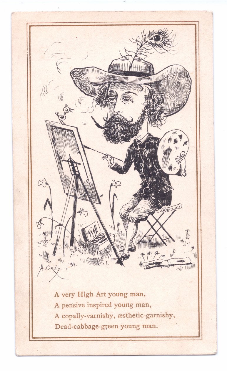 Egy képet festő esztétikai művész viktoriánus üdvözlőkártyája, 1881 körül (monokróm) alkotó: Alfred Gray