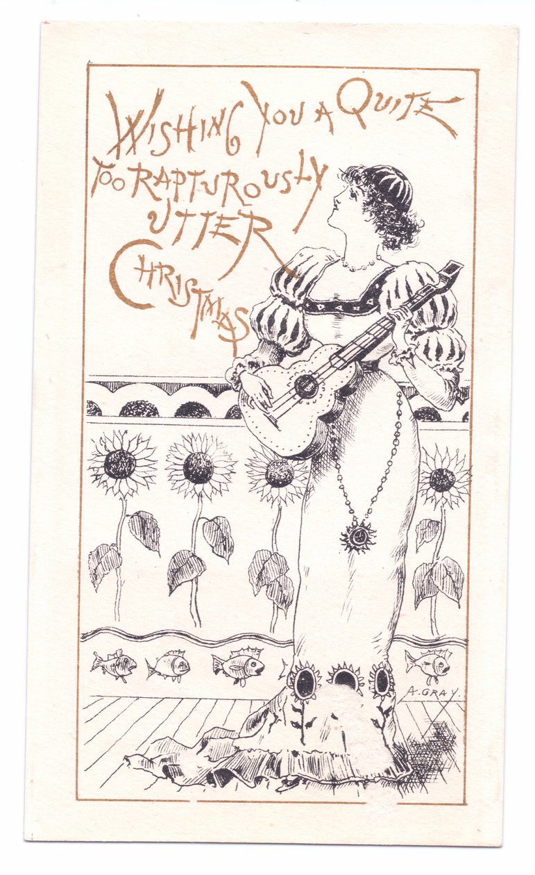 Hegedűn játszó viktoriánus üdvözlőlap, 1881 körül (monokróm) alkotó: Alfred Gray