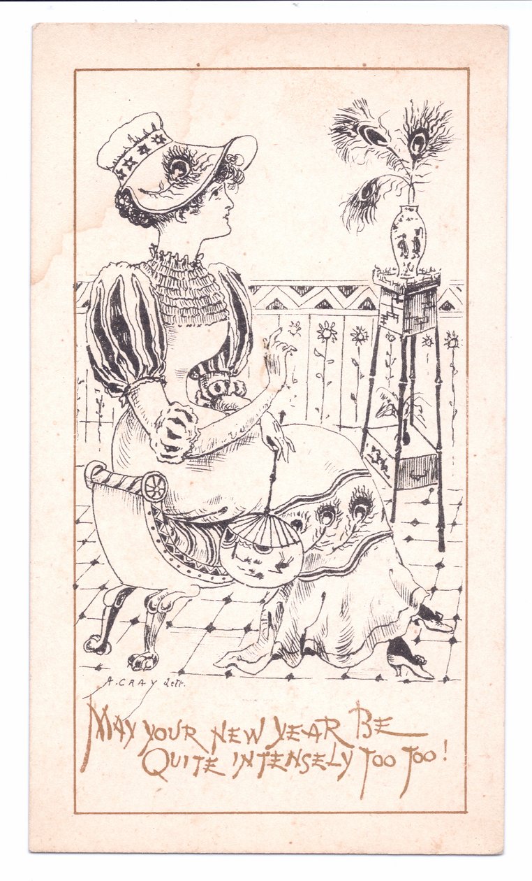 Esztétikus viktoriánus újévi kártya egy pávatollas vázában megcsodálva, 1881 körül (monokróm) alkotó: Alfred Gray