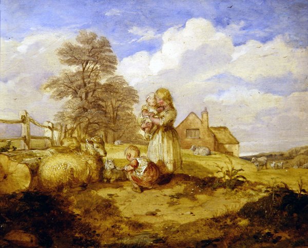 Gyermekek és birkák a fa alatt (olaj, vászon) alkotó: Alfred H. Green