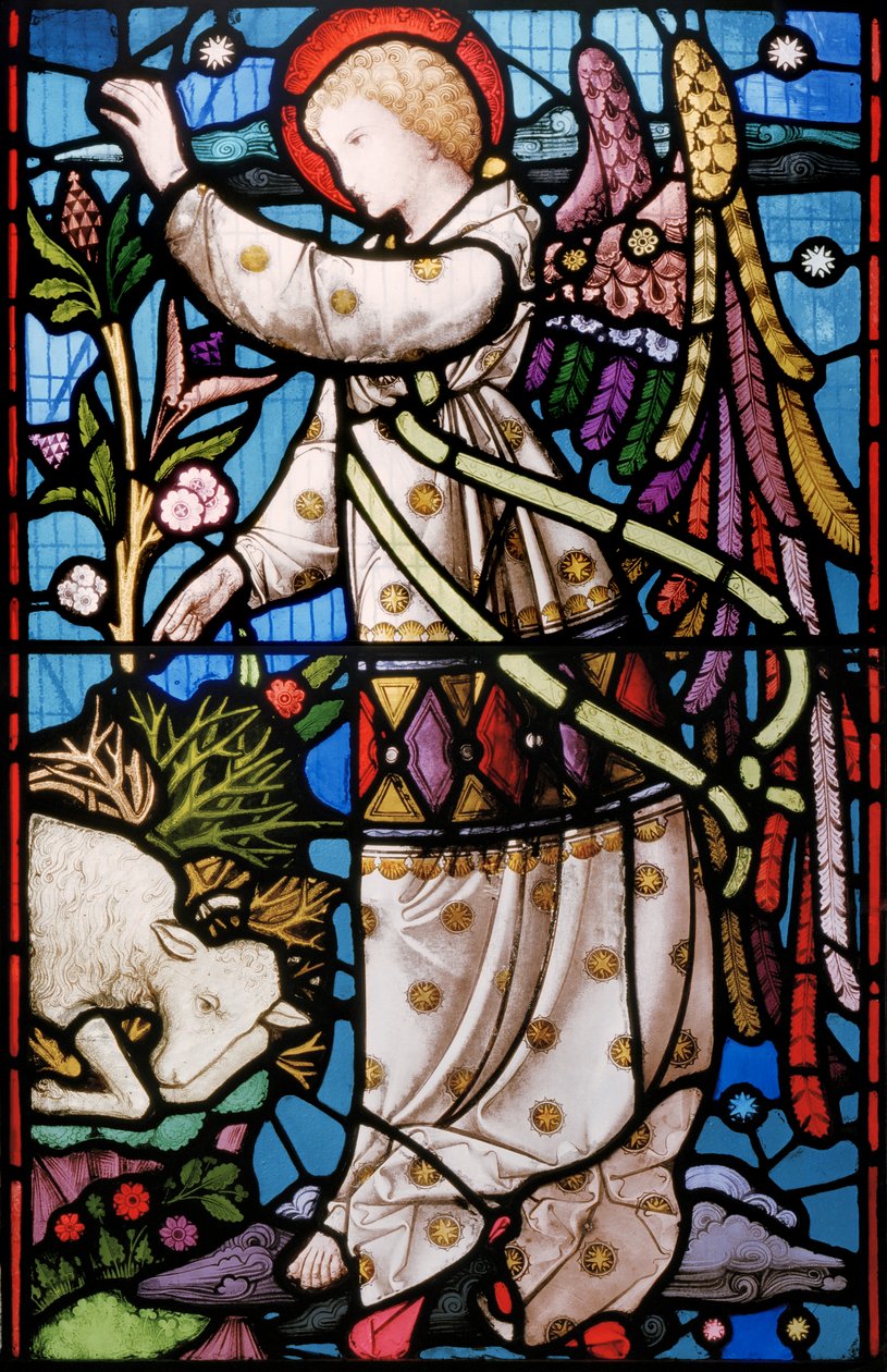 Egy angyal azt üzeni Ábrahámnak, hogy ne áldozza fel a fiát, hanem helyettesítsen helyette egy birkát, amely bokrokba fogott, 1867 körül (festett üveg) alkotó: Alfred Hassam