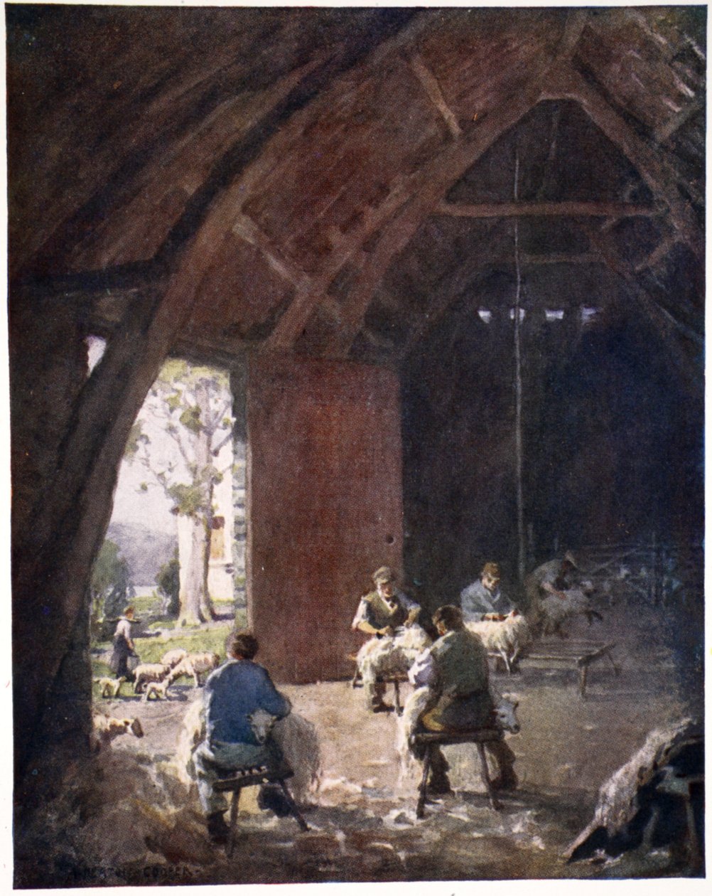 Sheepshearing, Esthwaite Hall Farm, az eredeti akvarellek nyomatait tartalmazó portfólióból, 1920 körül alkotó: Alfred Heaton Cooper