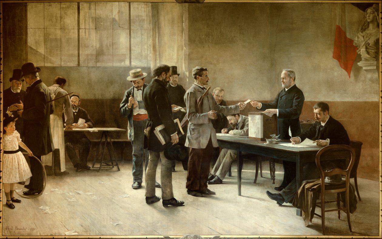 Általános választójog Egy szavazóhelyiség 1891-ben. Alfred Bramtot festménye (1852-1894) 1891 les Lilas, Városháza alkotó: Alfred Henri Bramtot