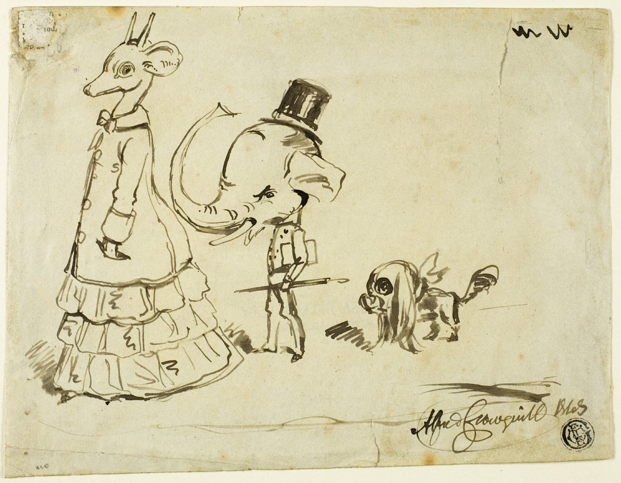 Férfi, nő és kutya karikatúrája alkotó: Alfred Henry Forrester