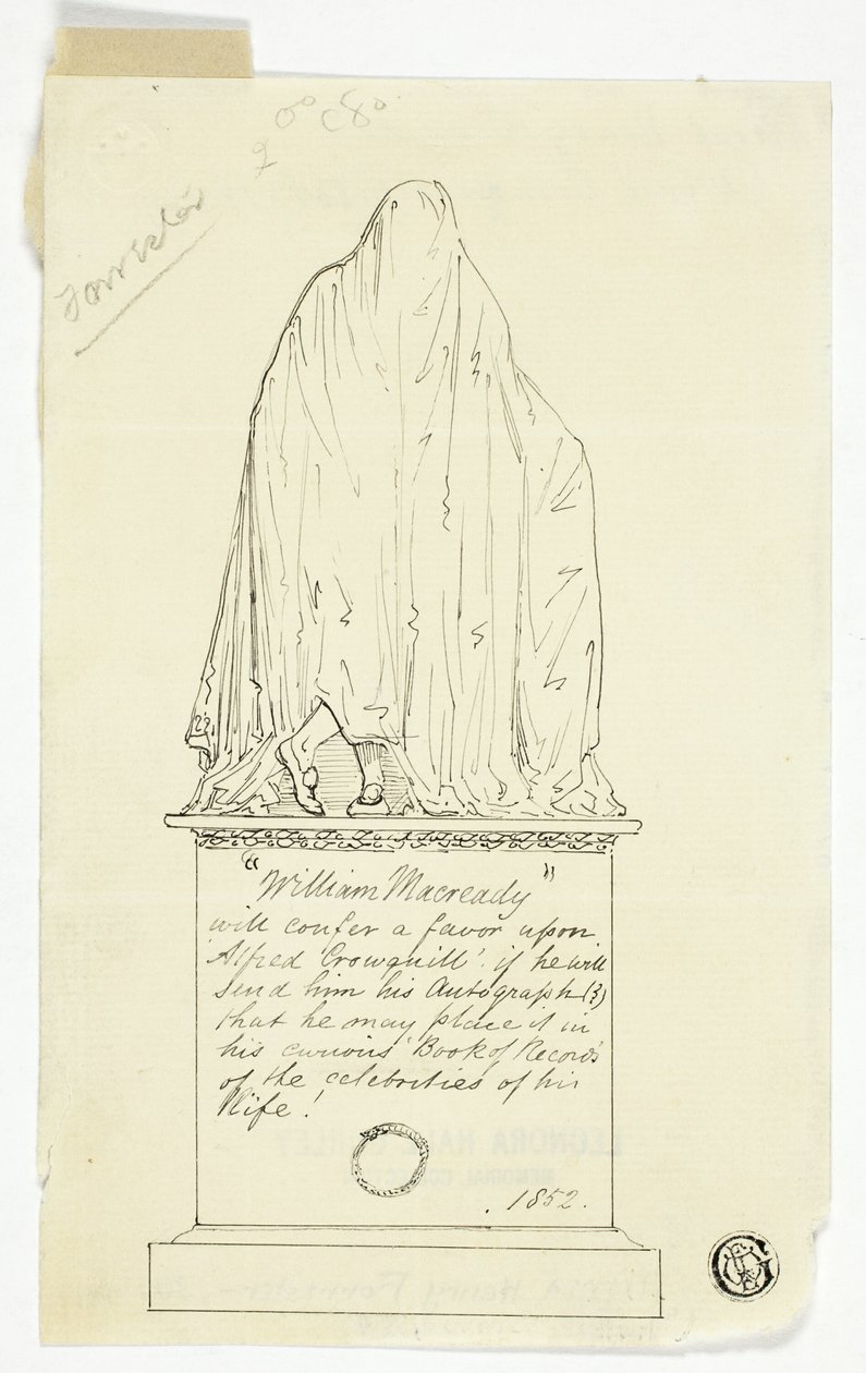 Látogatókártya drapériás emlékművel, művészi felirattal alkotó: Alfred Henry Forrester