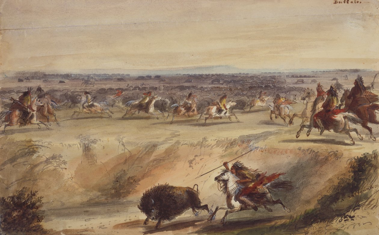 A környék vagy a Bivalyvadászat, 1839 körül (ceruza, toll és tinta, akvarell és gouache papíron) alkotó: Alfred Jacob Miller