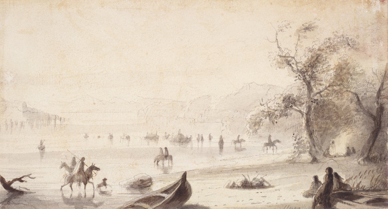 Bull Boating Across the Platte, 1837 körül (rajz papírra) alkotó: Alfred Jacob Miller