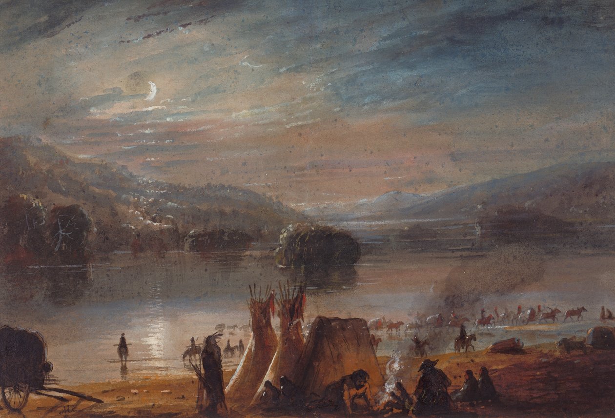 Crossing the River by Moonlight, Making Camp, 1858-60 körül (akvarell, papír) alkotó: Alfred Jacob Miller