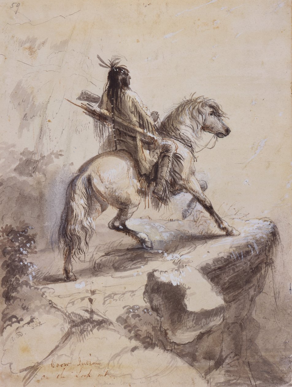 Crow Indian on Lookout, 1837 körül (toll és tinta, mosás és gouache papíron) alkotó: Alfred Jacob Miller