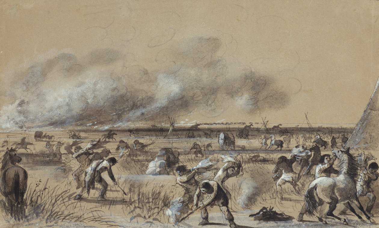 Fire on the Prairie, Setting Fire to the Camp, 1837 körül (mosás kiemelésekkel a papíron) alkotó: Alfred Jacob Miller