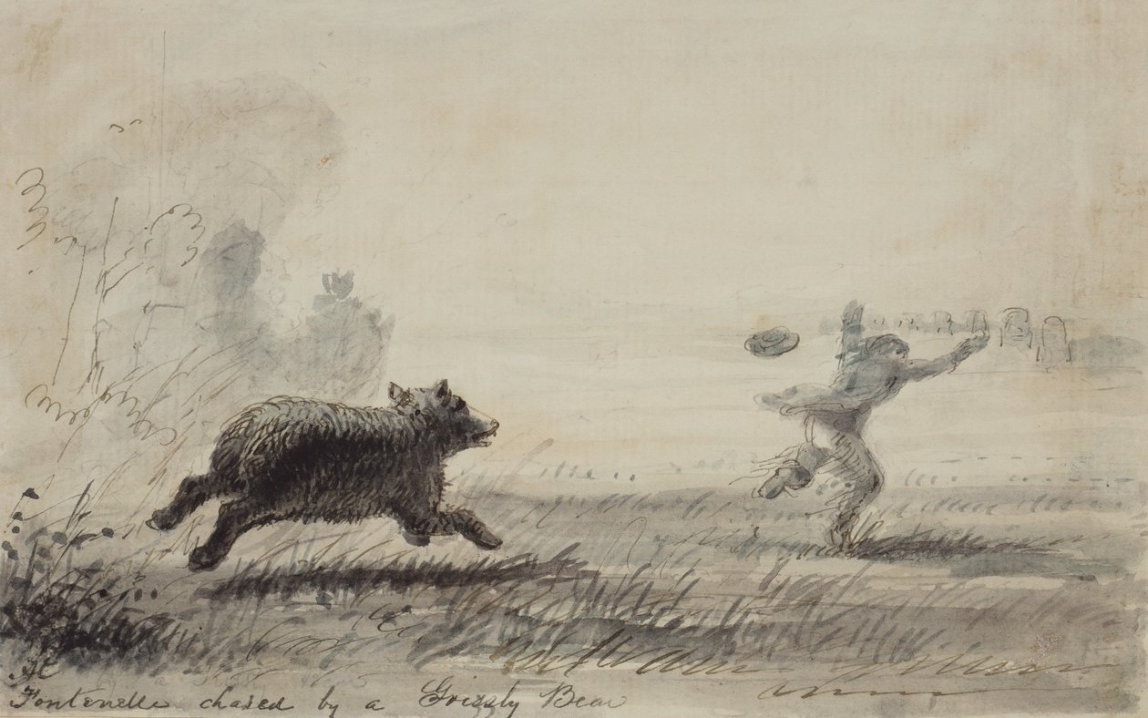 Fontenelle, amelyet egy Grizzly Bear üldöz, 1837 körül (toll, tinta és mosás papíron) alkotó: Alfred Jacob Miller