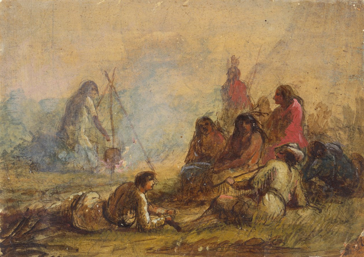 Csapdák és indiánok csoportja, 1837 körül (akvarell és gouache papíron) alkotó: Alfred Jacob Miller